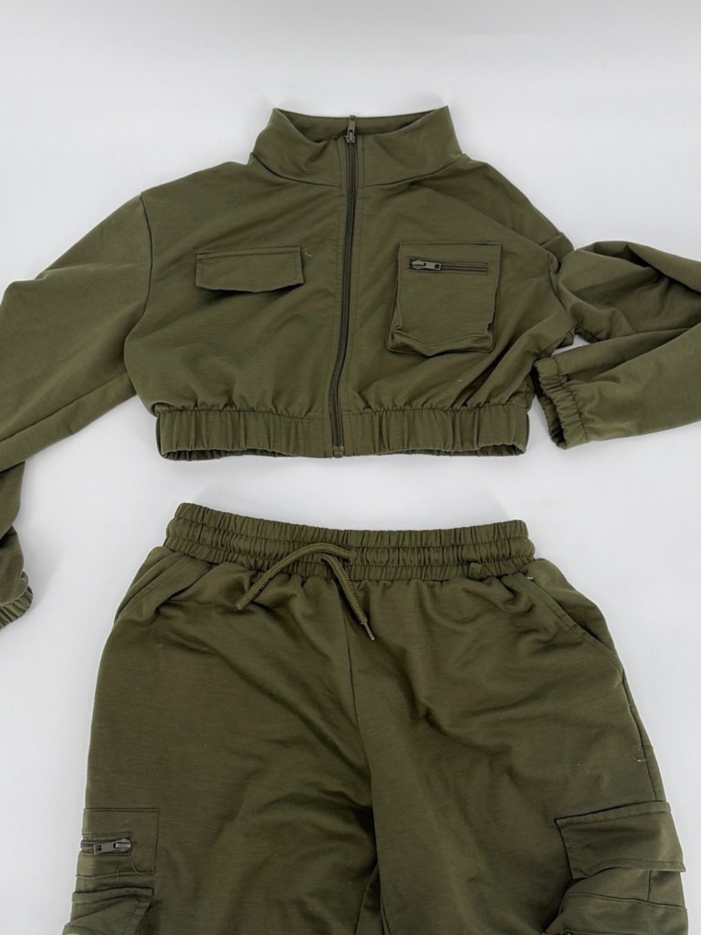 Women’s Olive Green Crop Jacket & Cargo Pants Set